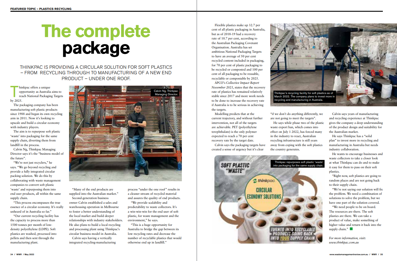 Circular Solution for soft plastics featured in Waste Management Review