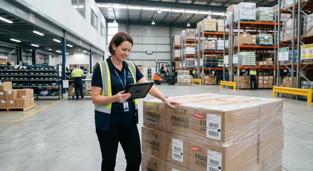Australian procurement manager inspecting compliant stretch wrap in a modern logistics warehouse.