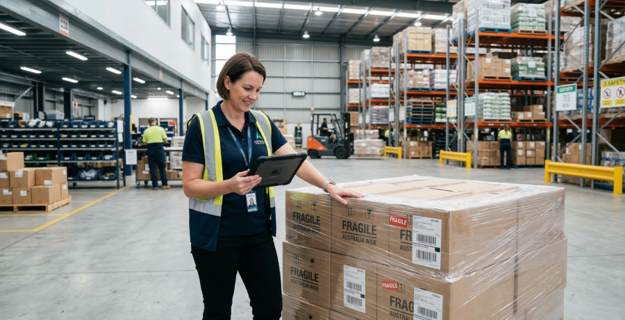 Australian procurement manager inspecting compliant stretch wrap in a modern logistics warehouse.